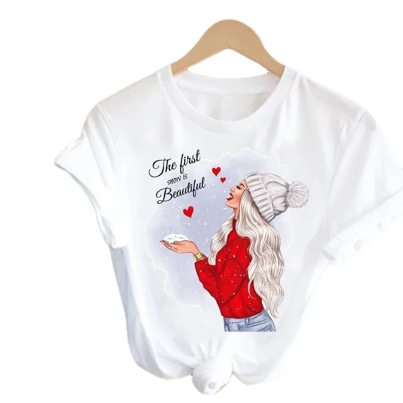 T-shirt à demi-manches pour femme, arbre de Noël joyeux, père Noël, tendance, grande taille, simple, mignon, manches courtes, Y