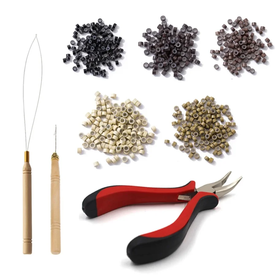 

Hair Extensions Kit Threader Pulling Hook & Pliers & 100pcs silicone Rings One Set For Beads Hair Extensions