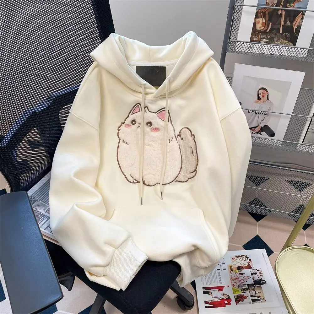 Cute Cat Plush Flocking Embroidery Y2K Hoodies for Girls Winter Loose Cotton Long Sleeve Sweatshirt Lovely Women Kawaii Clothes