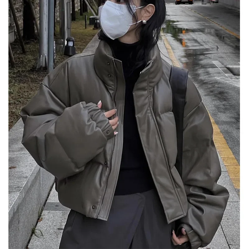 

Autumn Winter Thickened Warm Leather Parkas Women Loose Stand Collar Coats Female Elegant Elastic Cuffs Padded Jackets