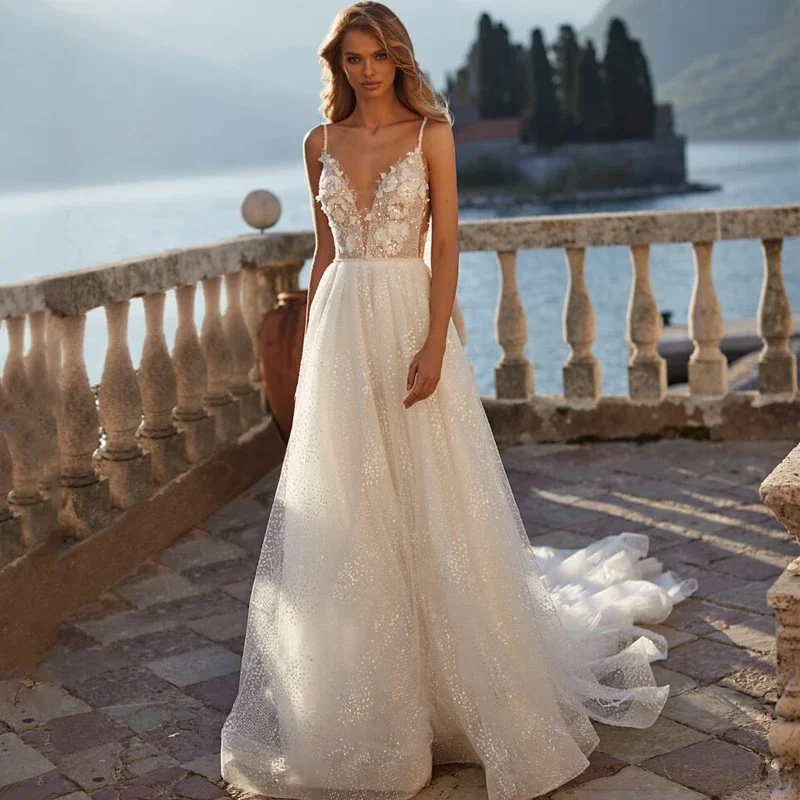 

Sparkly Boho Wedding Dress 2026 V Neck Spaghetti Straps Flowers Appliques Sequined Bridal Gowns Sexy Vestidos De Novia