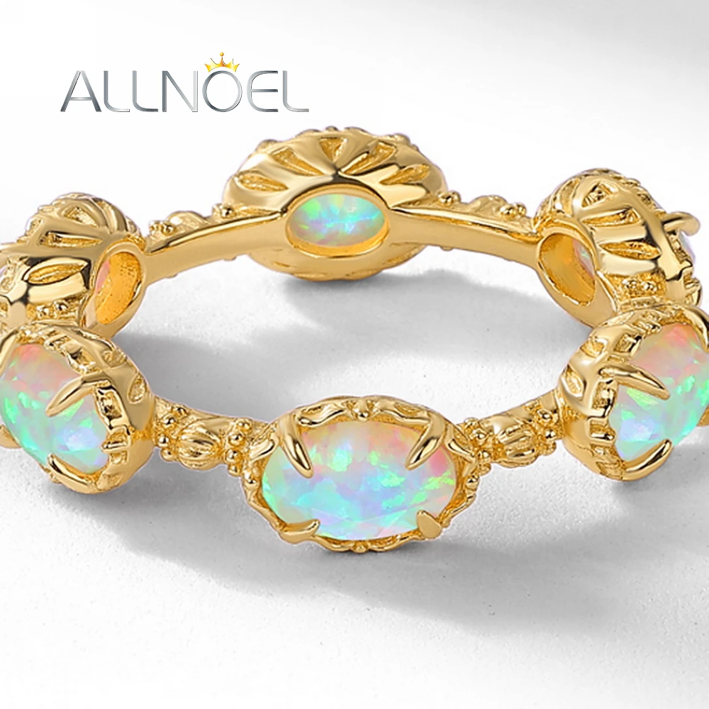 ALLNOEL Solid 925 Sterling Silver Rings For Women Full Circle Synthetic Opal Gold Plated Vintage Chic Party Gifts Fine Jewelry