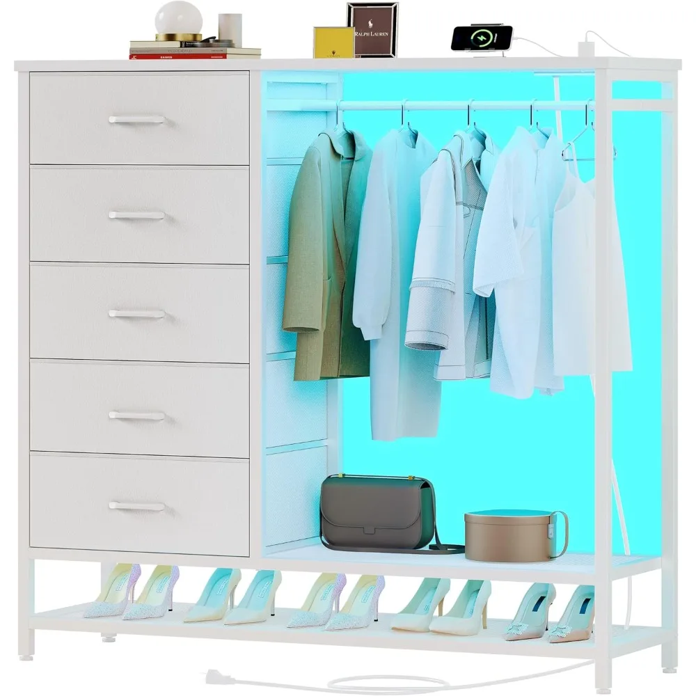 

Dresser for Bedroom, Dresser with Hanging Rack Led Lights and Charging Station, White Bedroom Dresser with 5 Fabric Chest