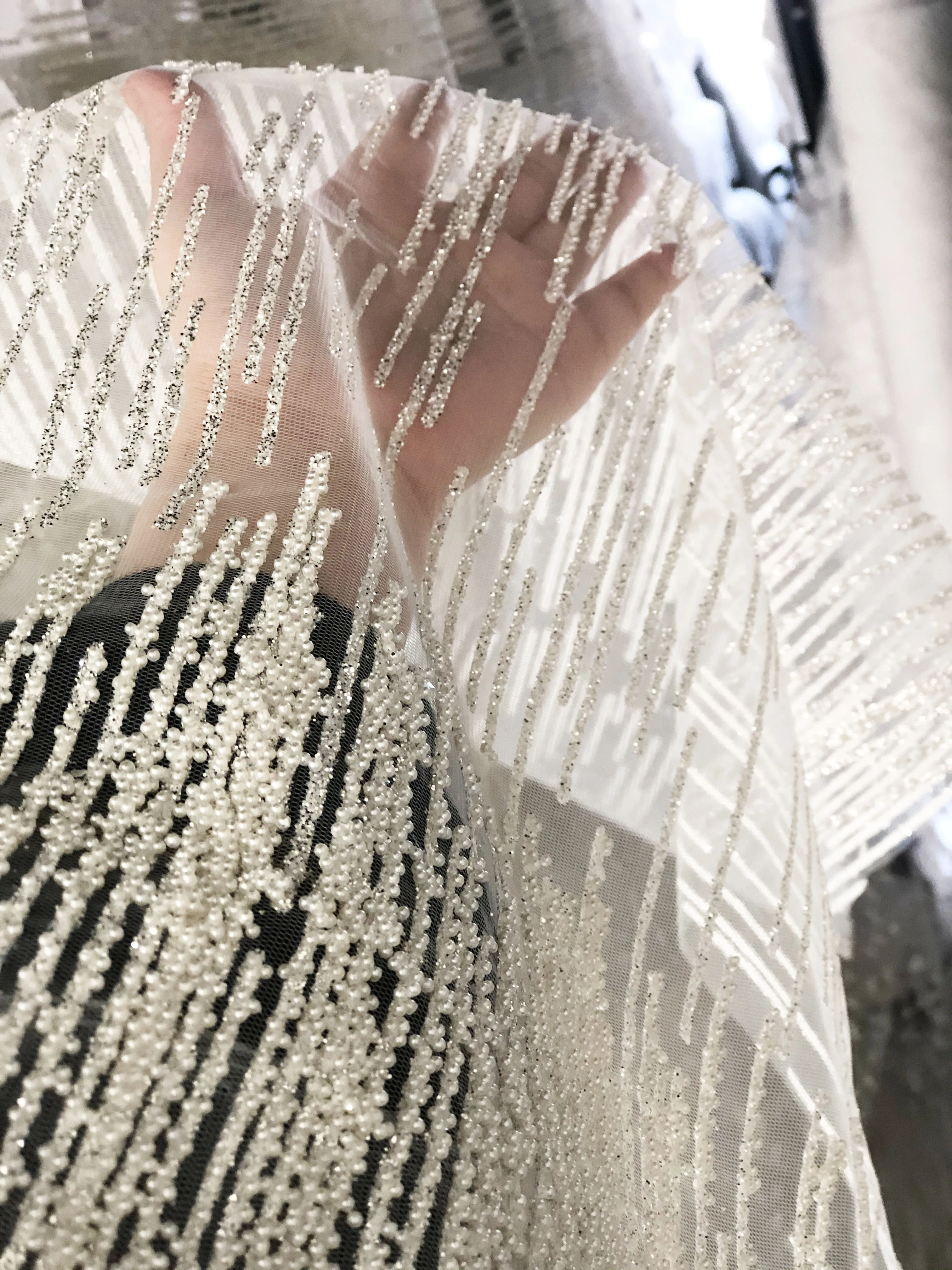 W150cm 1meter/lot (Beads will drop)White Mesh Pearl Decoration Lace Fabric Wedding Dress Clothes Veils Sewing Fabric SC224