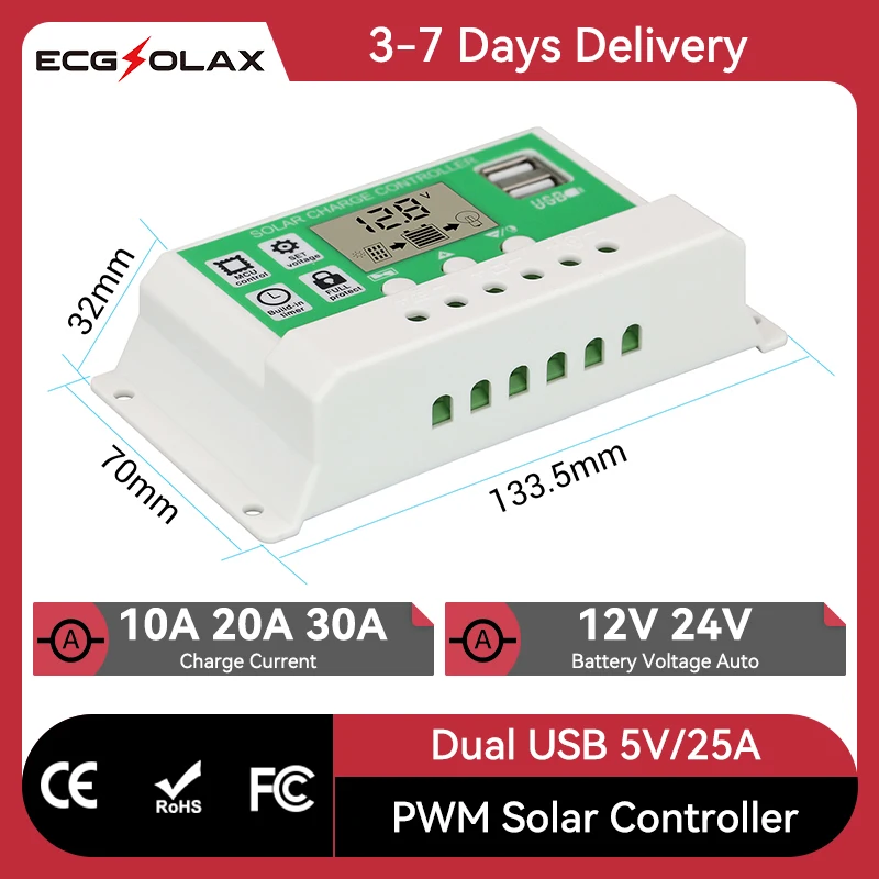 

ECGSOLAX 30A 20A 10A 12v 24v Solar charge controller PWM PV Regulator for Lead acid battery Li-ion lithium battery