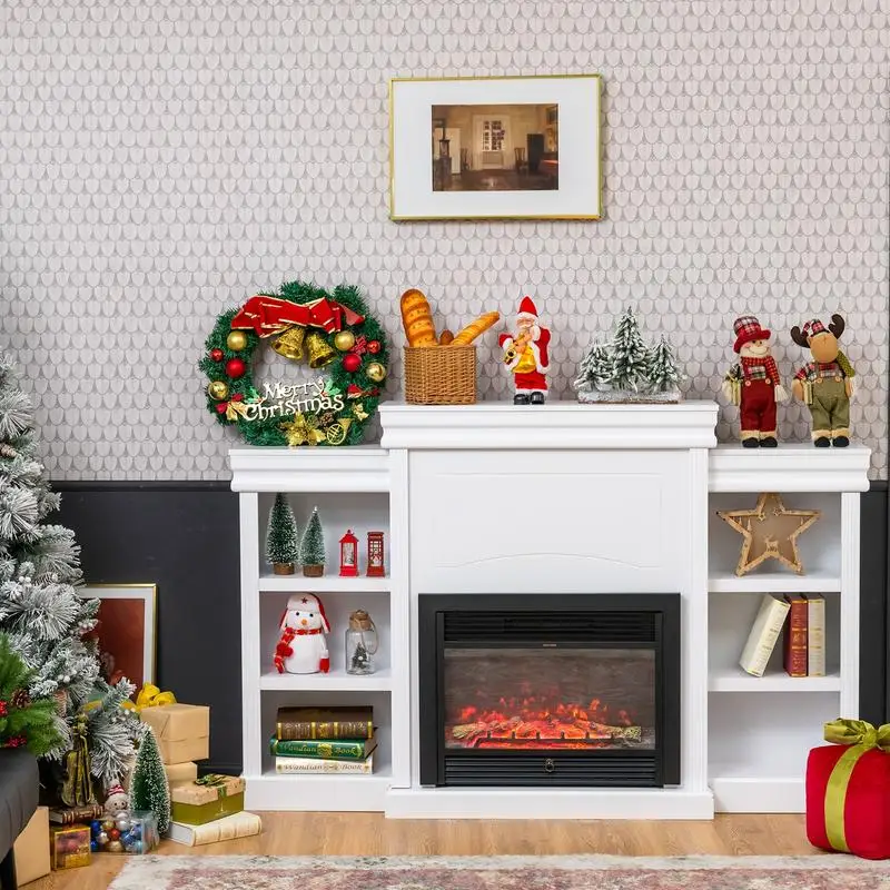 

70 Inch Modern Fireplace Media Entertainment Center with Bookcase-White