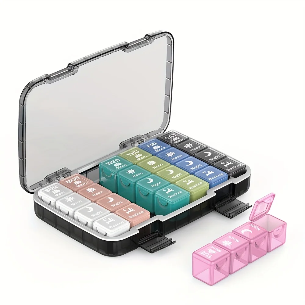 

Weekly Pill Organizer 4 Times per Day, 28 compartments Large Pill Organizer, Moisture-Proof and Waterproof 7 Days Medicine Box