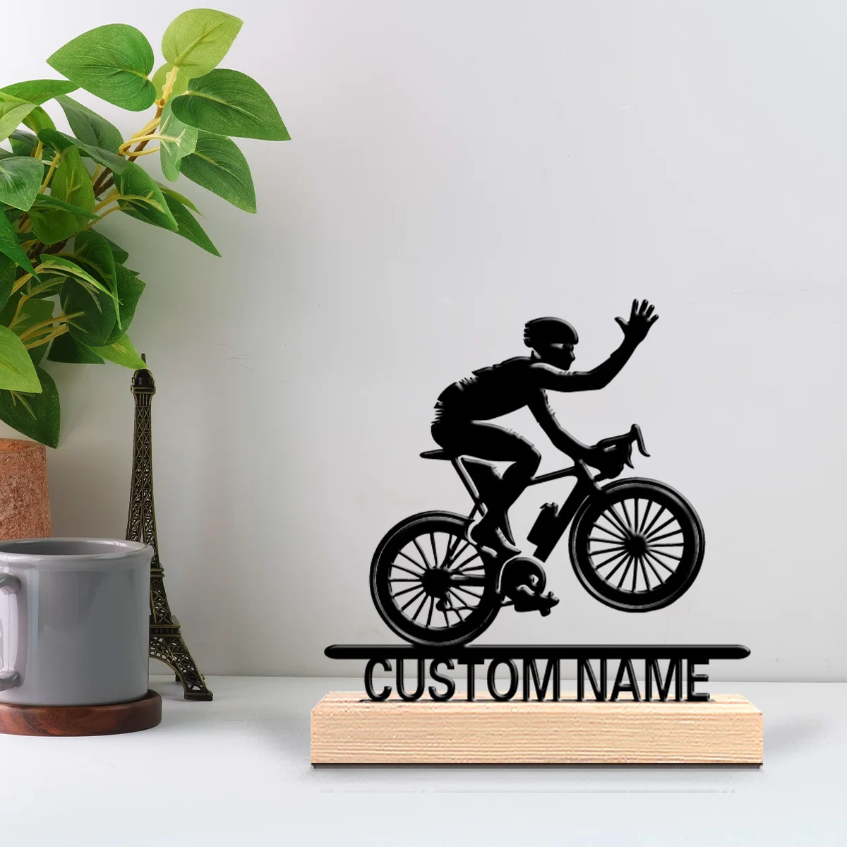 1pc cyclist Custom Letter Metal Statue Metal Ornament Art Figurine With Wood Base Tin Statue For Youth Gifts