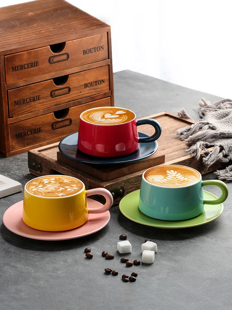 258ml Splicing Color Design Coffee Cup And Plate Set Creative Ceramic Latte Cup Nordic Minimalist Style Exquisite Mug Cup Dish