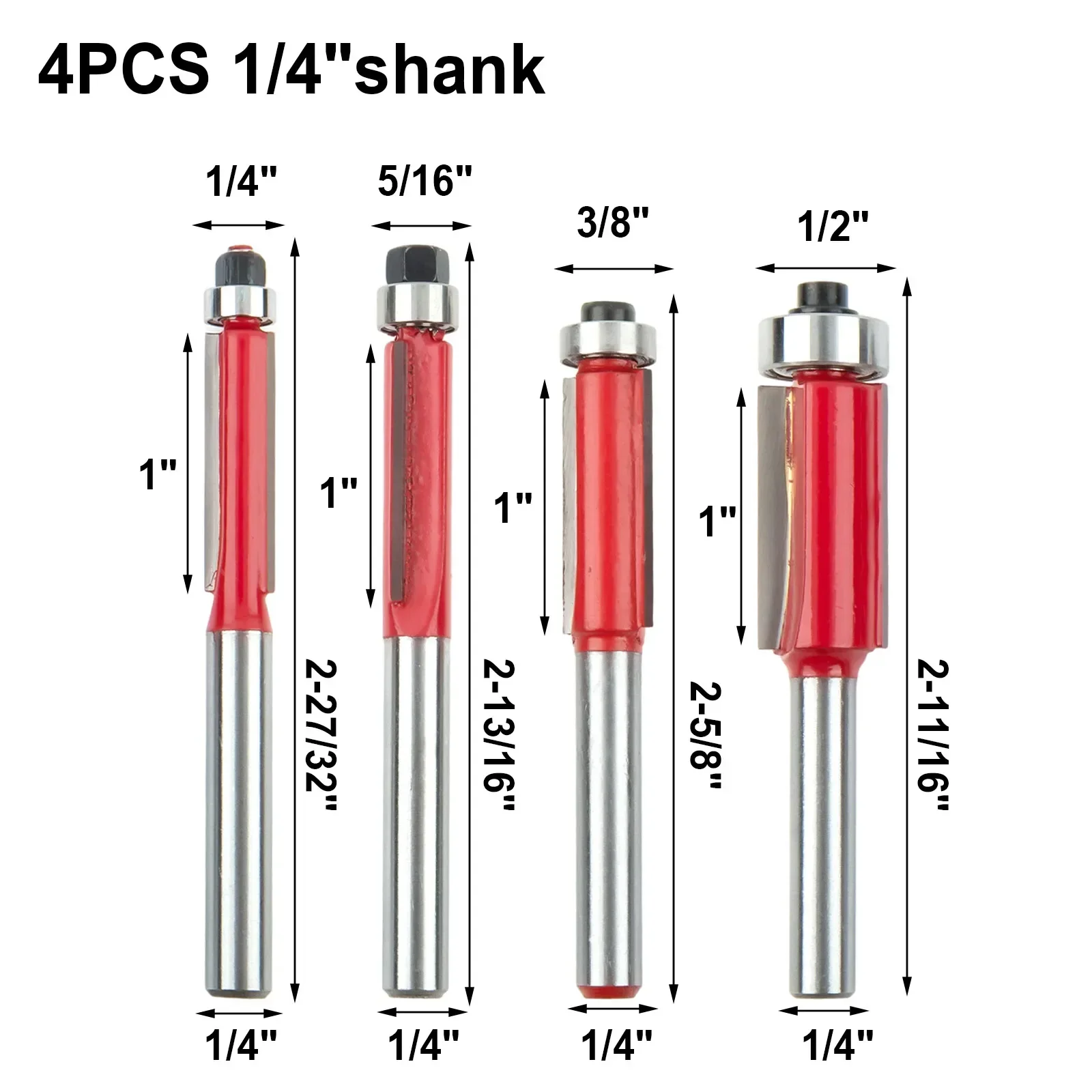 4pcs 1/4 Inch Shank Straight Flush Trim Wood Router Bit With Top Bearing 6mm 6.35mm 8mm Shank Tenon Cutter Tools For Woodworking