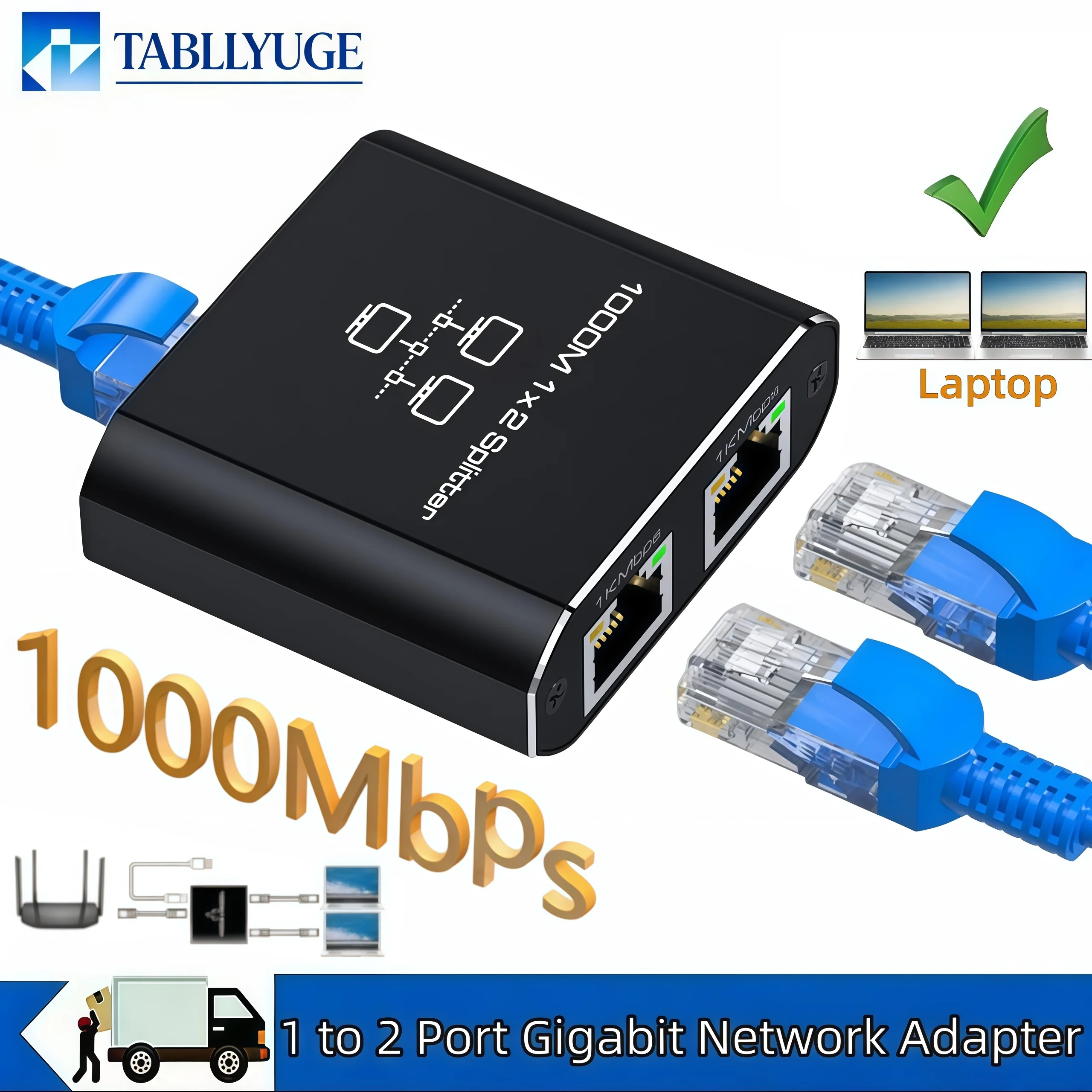 Gigabit Ethernet Splitter 1 to 2 RJ45 Network Splitter Suitable for Cat 8/7/6/5e/5 Connects 2 Devices at the Same Time