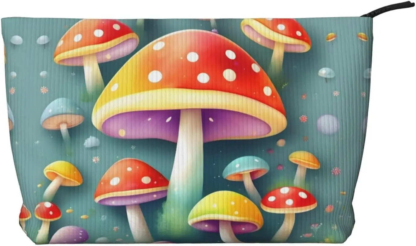 Cute colored mushrooms Corduroy cosmetic bag, suitable for travel and daily use, Sturdy Lining, Ensures Longevity