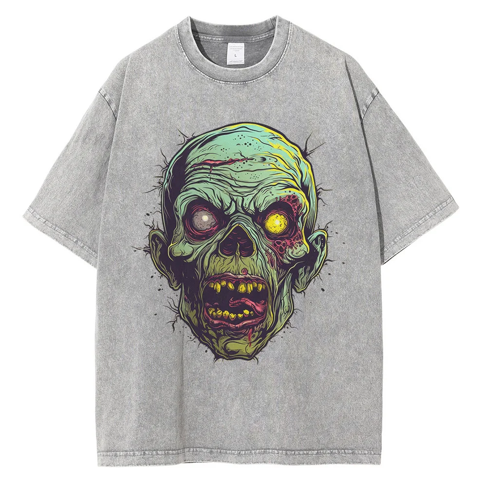 Ghoul Zombie Head Graphic T Shirts Heavyweight Pure Cotton Distressed Washed Mens Tops Retro Casual Oversized T Shirt