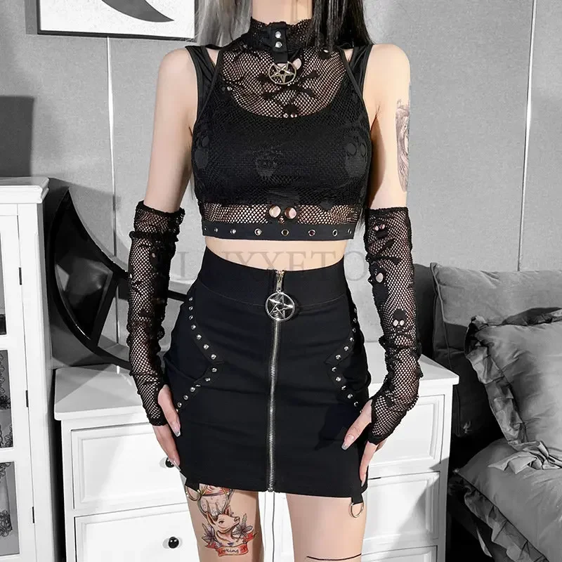 Goth Skull Fishnet Mall Gothic Women Tank Tops Grunge Aesthetic Punk Black Crop Top With Glove E-girl Emo Alternative Vests