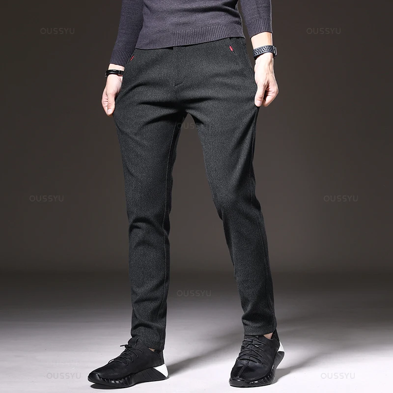 Brand Clothing Winter Fleece Thickening Warm Men\'s Brushed Fabric Casual Pants Business Slim Fit Velvet Cotton Trousers Male