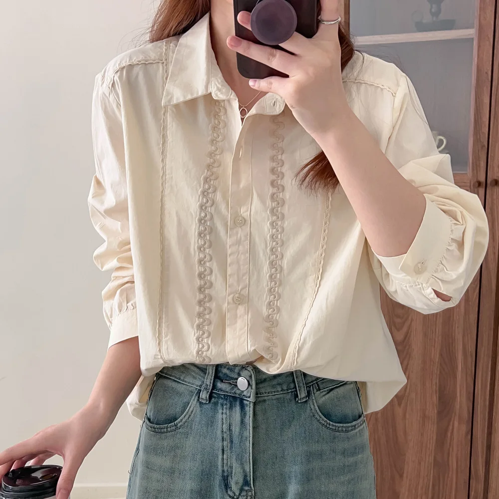 New Spring Cotton OL Shirt Women Lapel Neck Long Sleeve Solid Tops Girl Retro Literature Commute Blouse 2024 Autumn T45451QM