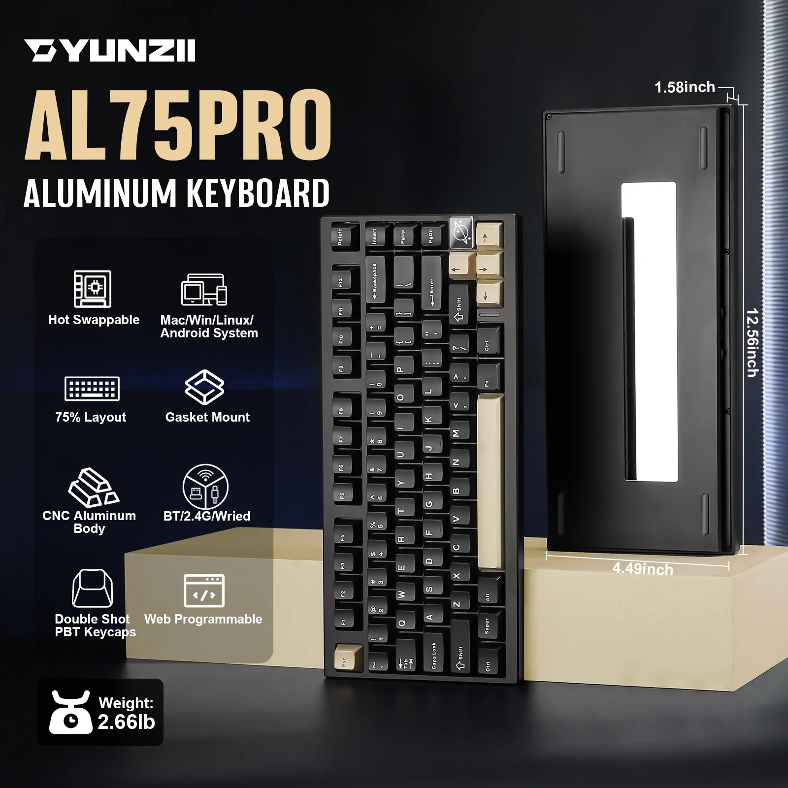 YUNZII AL75 PRO Black Aluminum Gaming Keyboard, 75% Gasket Wireless Custom Mechanical Keyboard, Hot Swap RGB Keeb for Mac/Win