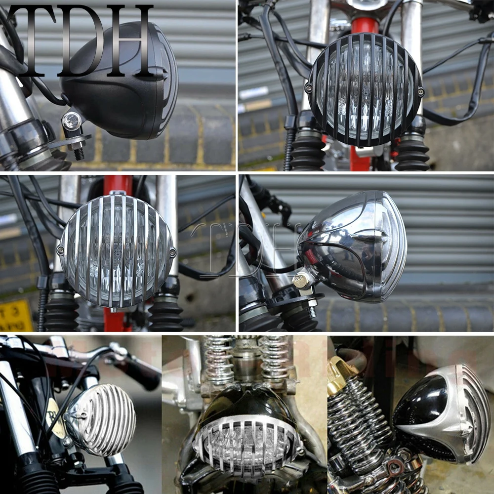 Motorcycle Alloy Vintage Scalloped Headlight Finned Prison Grill Lamp Hi/Lo Beam For Cruiser Chopper Bobber Cafe Racer XS650 XL