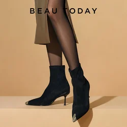 BEAUTODAY Sock Boots Women Stretch Fabric Pointed Toe Boot Thin Heels Autumn Ladies High Heel Shoes Handmade 03950