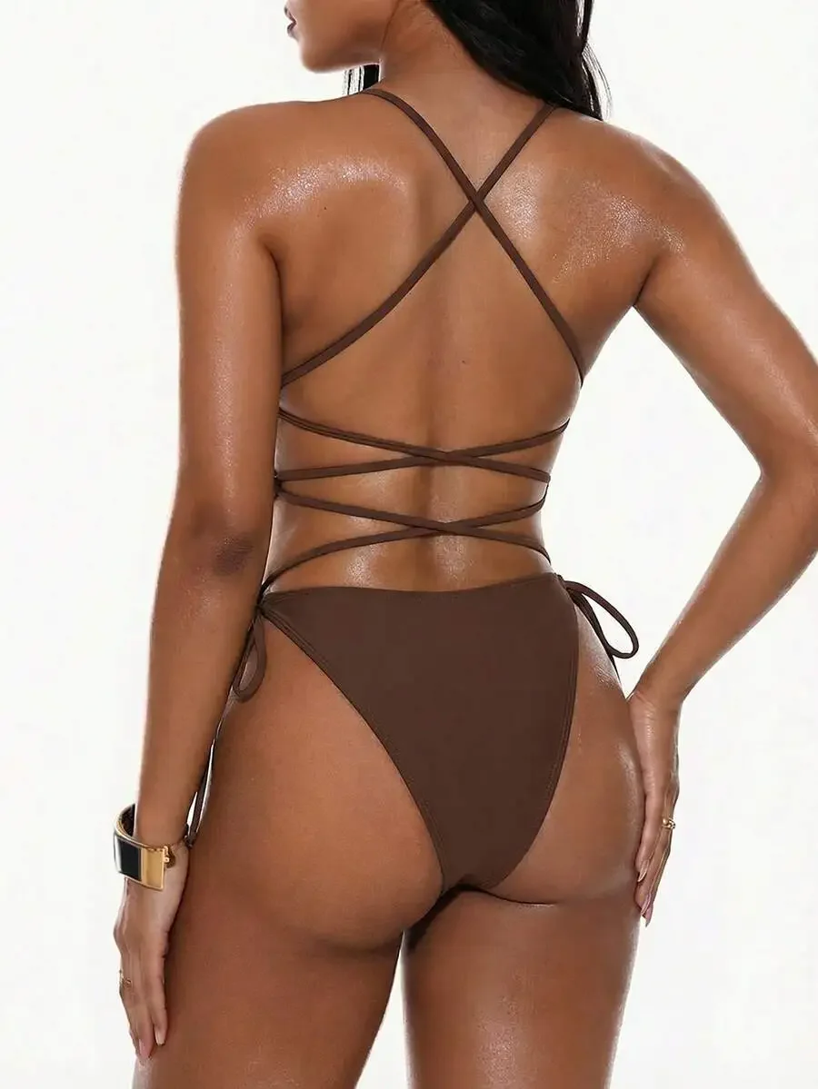 Women Sexy Backless Halter One Piece Swimsuit With Crisscross Straps Brown Monokini