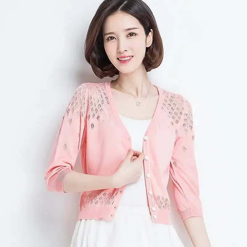 Summer Ice Silk Cardigans for Women Half Short Long Sleeves Korean Fashion Thin Knitwears Tops Women\'s Shawl Knit Cardigan Coat