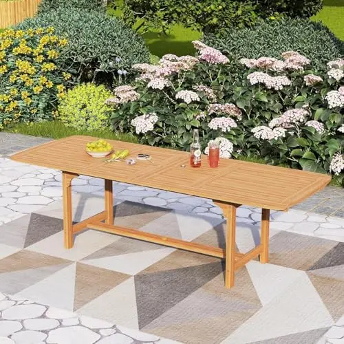 Teak Outdoor Table, Expandable Wood Table w/Umbrella Hole | Large rectangle acacia wood table for 6-8. Perfect for