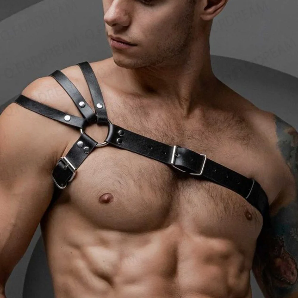 One Shoulder Leather Men\'s Chest Harness Gay Men Bondage Upper Sexy Erotic Fetish Lingerie Body Club Rave Straps Crop