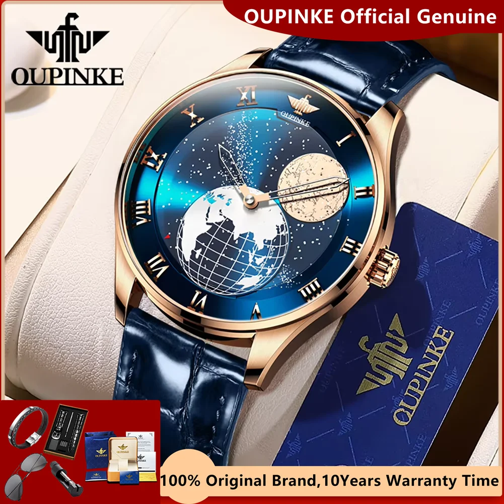 OUPINKE Moon Phase Watch for Men 3D Earth Starry Star Rotating Dial Automatic Mechanical Watches Luxury Brand Men\'s Moonswatch