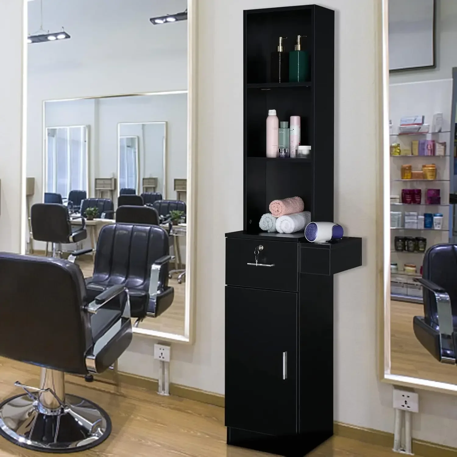 

Barber Salon Equipment with a 3-Tier Storage Shelf, 1 Drawer, a Large Storage Cabinet and 3 Hair Dryer Holders, Black