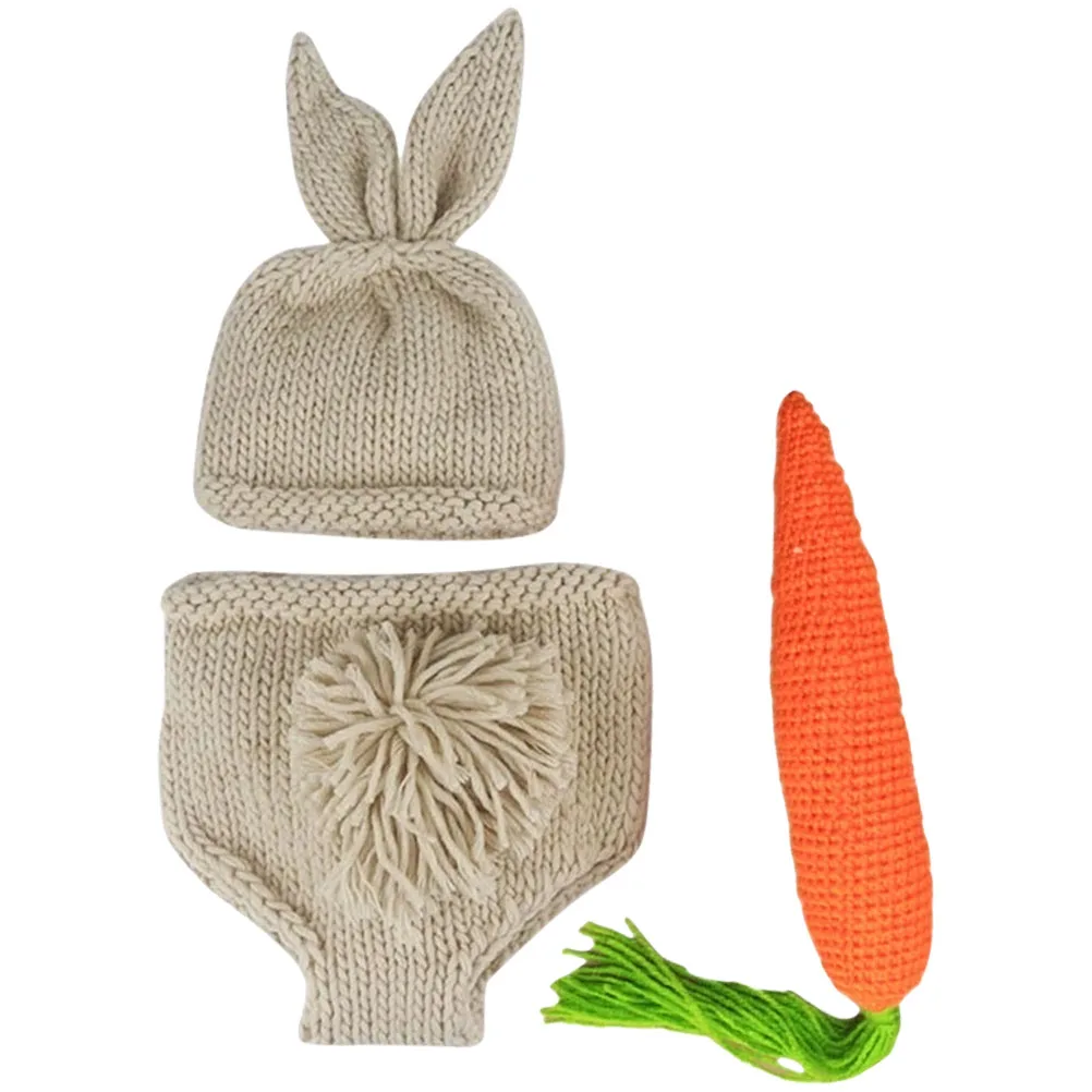 

Baby Sweater Set Newborn Photography Outfit Bunny Hat Pants Photo Shoot Props Knitted Carrot Infant Gifts 0-2 Months Woolen Yarn