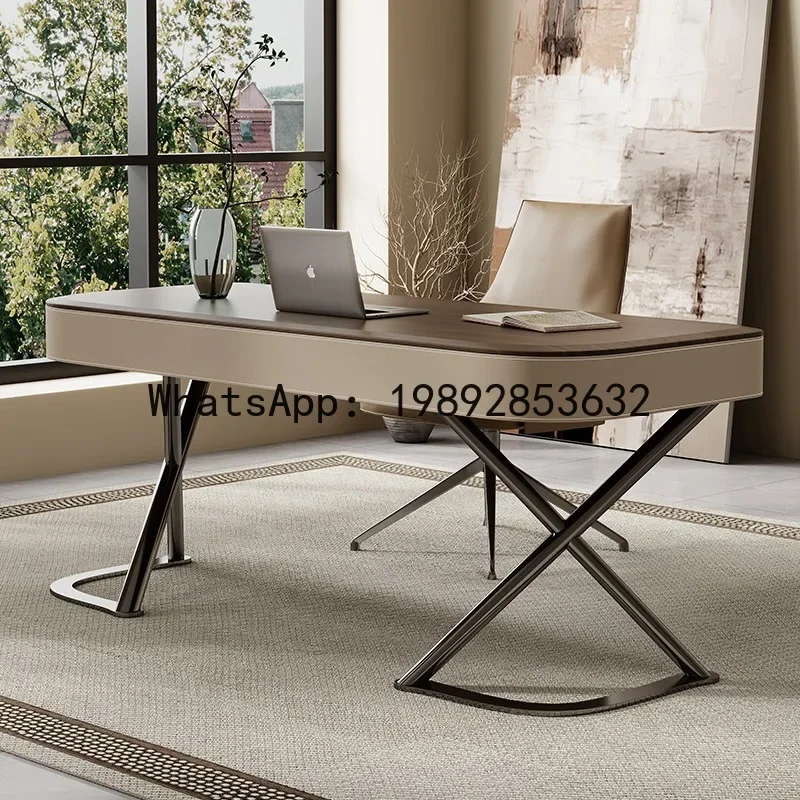 

a23 solid wood desk with saddle leather detailing - walnut veneer - ideal for home study, bedroom, or office