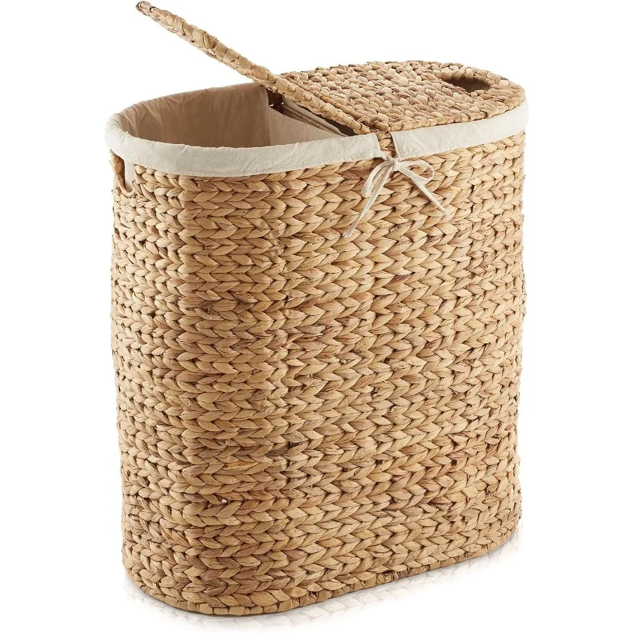 Oval Laundry Hamper with Lids and Removable Liner Bags -, Woven Water Hyacinth 2-Section Laundry Basket Sorter for Clothes and