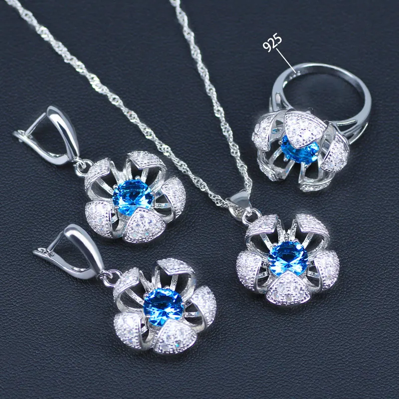 3D Flower Sky Blue Square Silver 925 Costume Jewelry For Women Drop Earrings Ring Necklace Bracelet Set