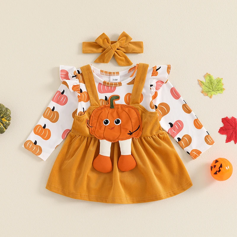 Baby Girl Halloween Outfit Ruffle Trim Long Sleeve Romper Pumpkin Patch Suspender Skirt Bow Headband Newborn Clothes Set