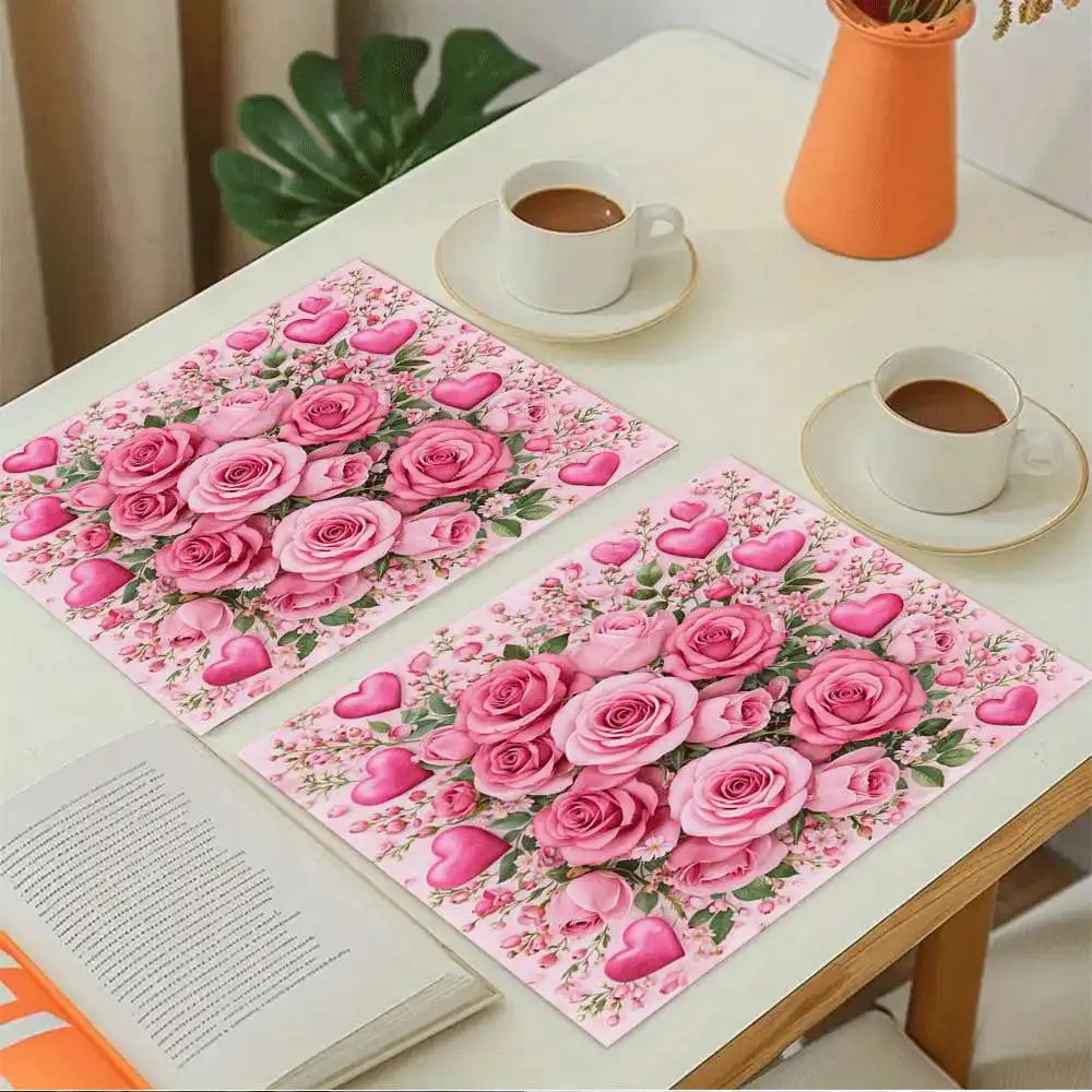 Elegant Stylish Pink Rose and Heart Placemat, Washable Pad for Coffee, Dining Table, Home Decoration & Holiday Party Gift