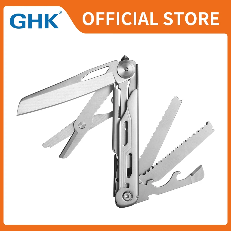 GHK Official Stainless Steel Outdoor Emergency Multitool, Knife Scissors, Saw