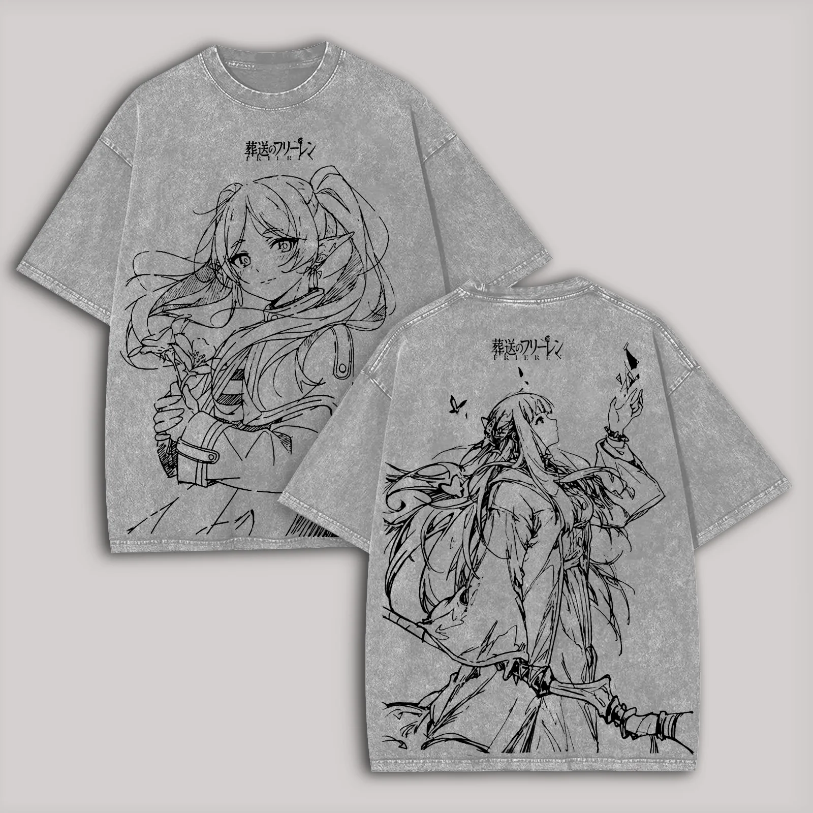 تي شيرت Manga Frieren جرافيك كاجوال من القطن الخالص بأكمام قصيرة تي شيرت عتيق مغسول كبير الحجم للرجال والنساء