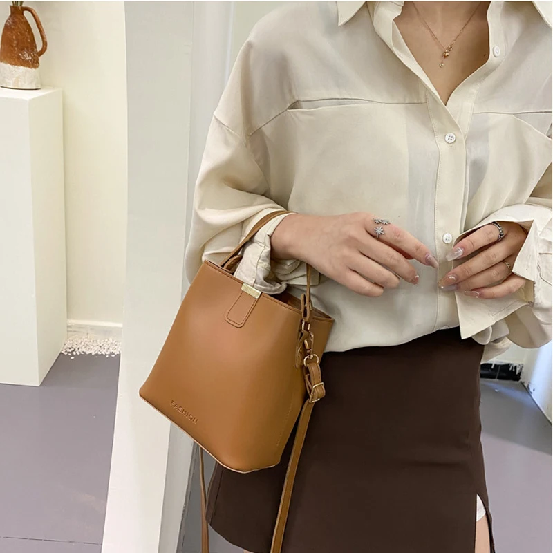 Casual Pu Leather Shoulder Bag Simple Handbags Casual Ladies Tote Female Bucket Women Shoulder Crossbody Messenger Bag