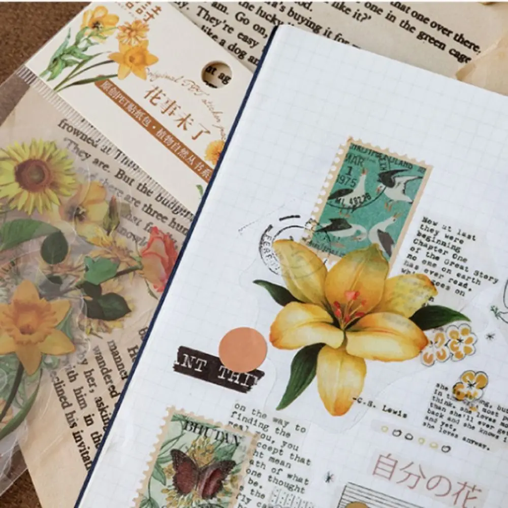 40Pcs DIY Vintage Butterfly Stickers PET Daisy Pattern Plant Decorative Stickers Flower Design Mushroom Pattern