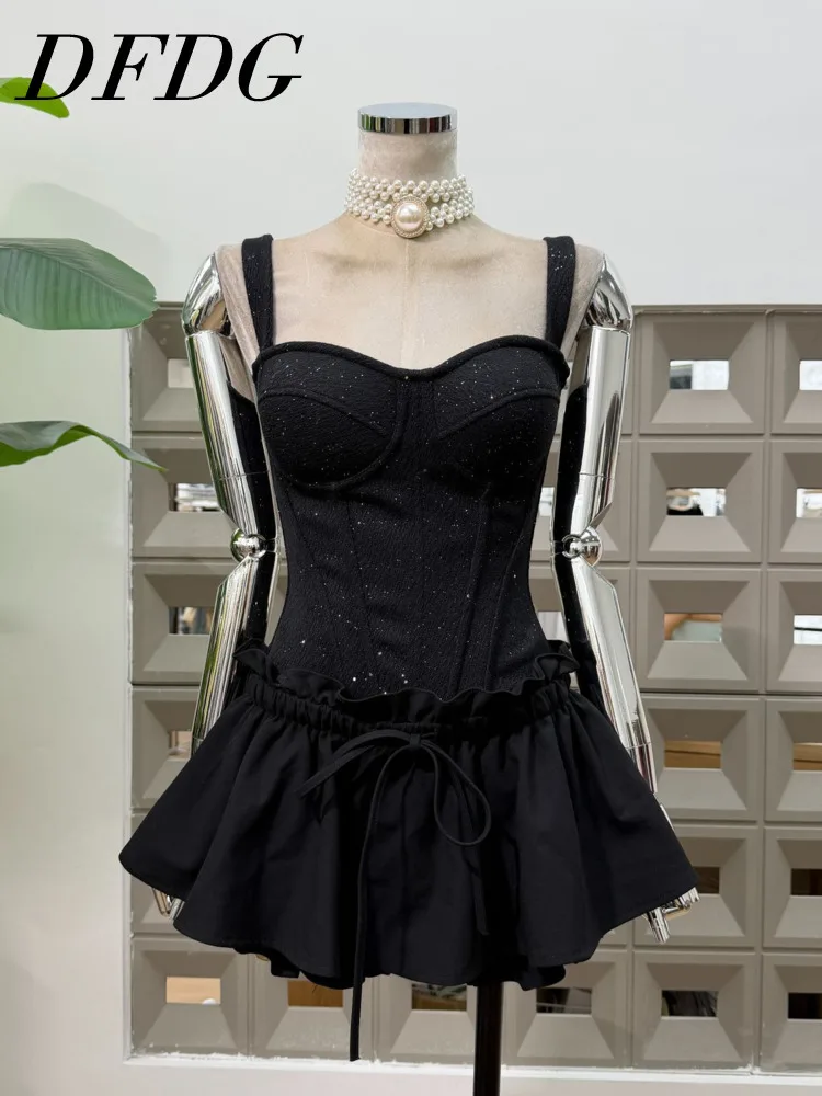 

DFDG женский весенне-летний черный блестящий топ на бретельках с рюшами и юбкой, комплект милой вечерние клубной одежды 2025 г., модный женский модный комплект одежды