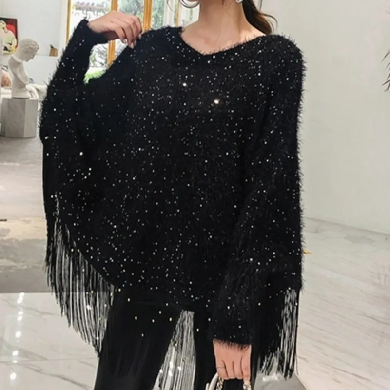 IEQJ Sequined Tassel Loose Cape Shawl Pullover Sweater 2025 Spring Autumn New Wonman Thickened Knitted Bat Clothes 3IE0001