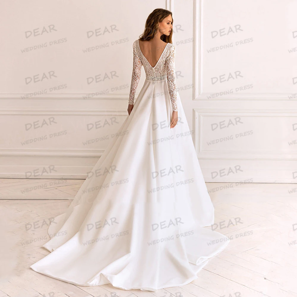 Luxury Wedding Dresses Women's A Line Sexy Deep V Neck Bridal Gowns Princess Long Sleeve Princess Customized Vestidos De Fiesta