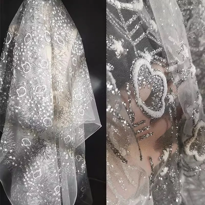 

Snowflake Heavy Industry Embroidery Three Dimensional Fabric Spray Gold Powder Wedding Dress Sparkle DIY Designer Fabric