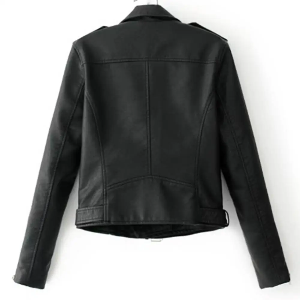 Veste de moto en cuir pour femme, manteau à revers, poche courte, manches longues, fermeture éclair, bouton