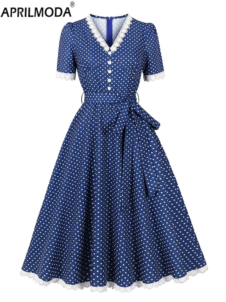 2025 Retro Vintage Lace Elegant ชุดราตรีสั้นกับเข็มขัด Polka Dot พิมพ์ V คอฤดูใบไม้ร่วงชุดราตรี 50s 60s ค็อกเทล