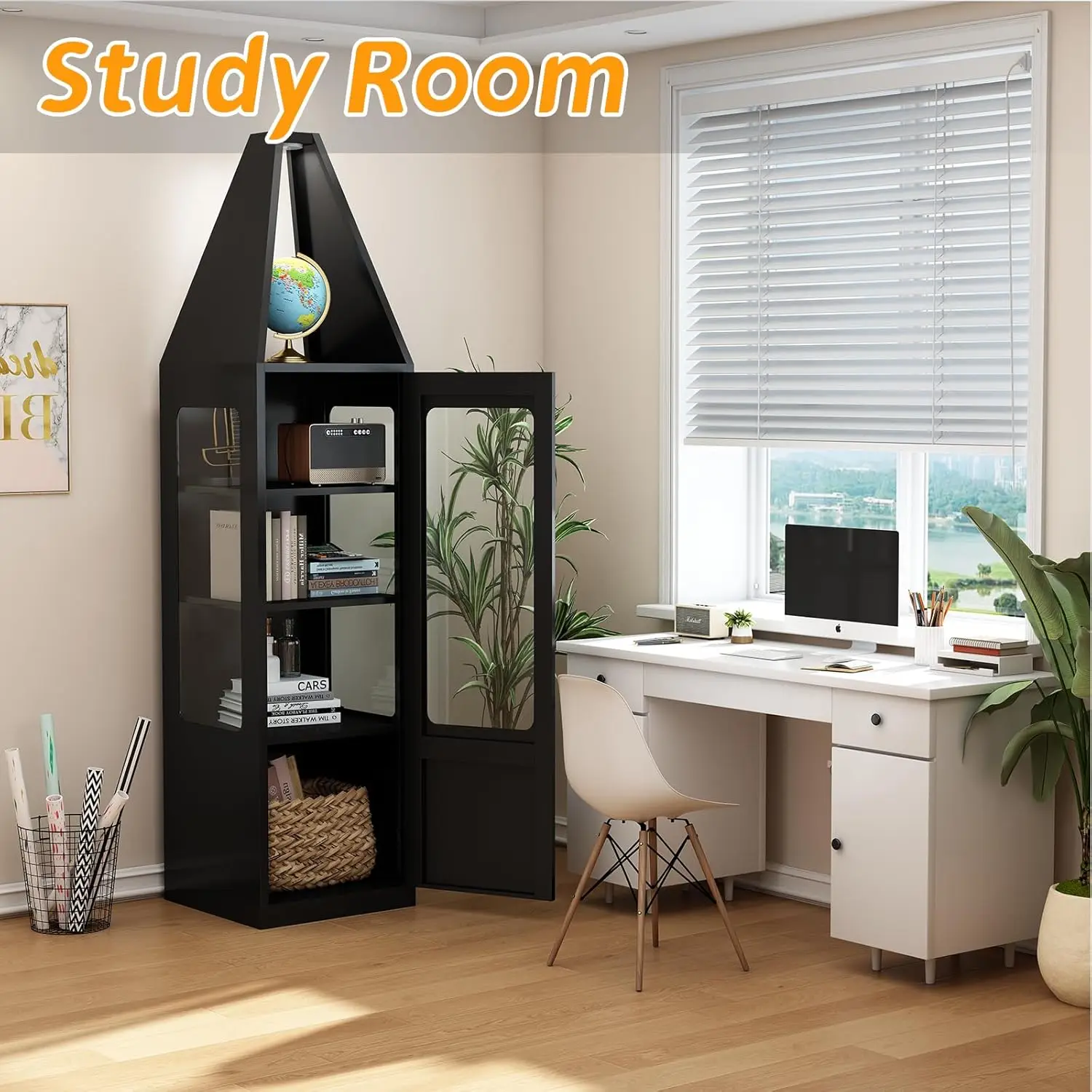 Glass Doors, Metal Storage Cabinet with 3 Adjustable Shelves, Black Curio Cabinets for Home, Office, Pantry