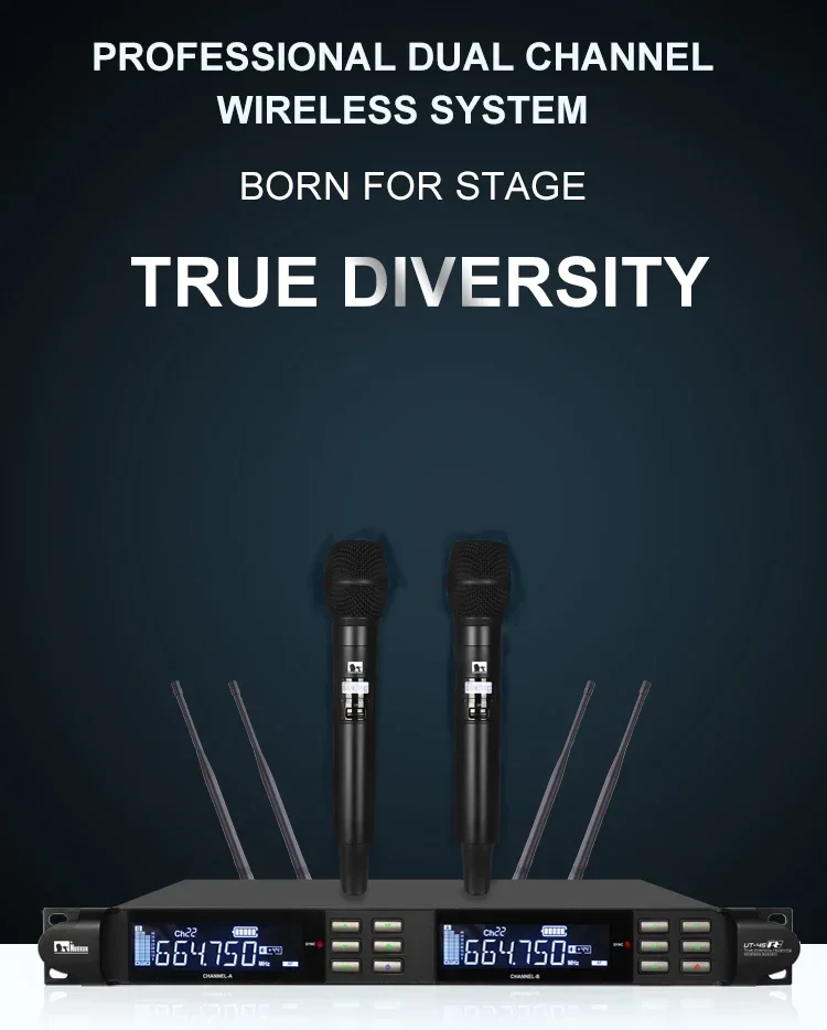 Professional system best quality true diversity two channels wireless handheld microphone