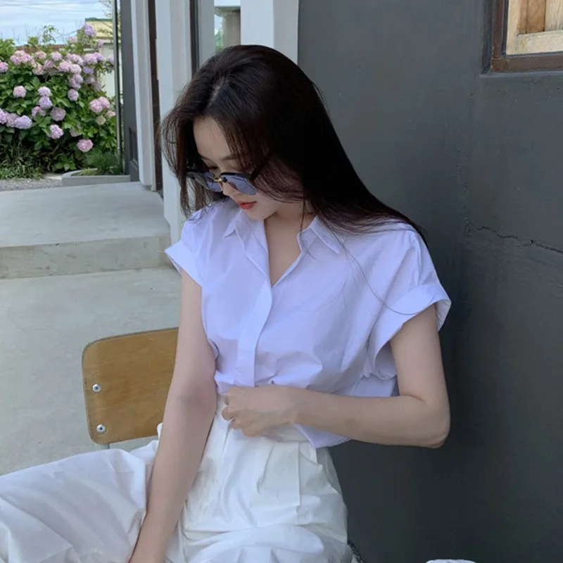 

Ele Summer New Collar ort Sve irt Jaet Women Simple Quali Top Pure Color Button Regular Length Faionable