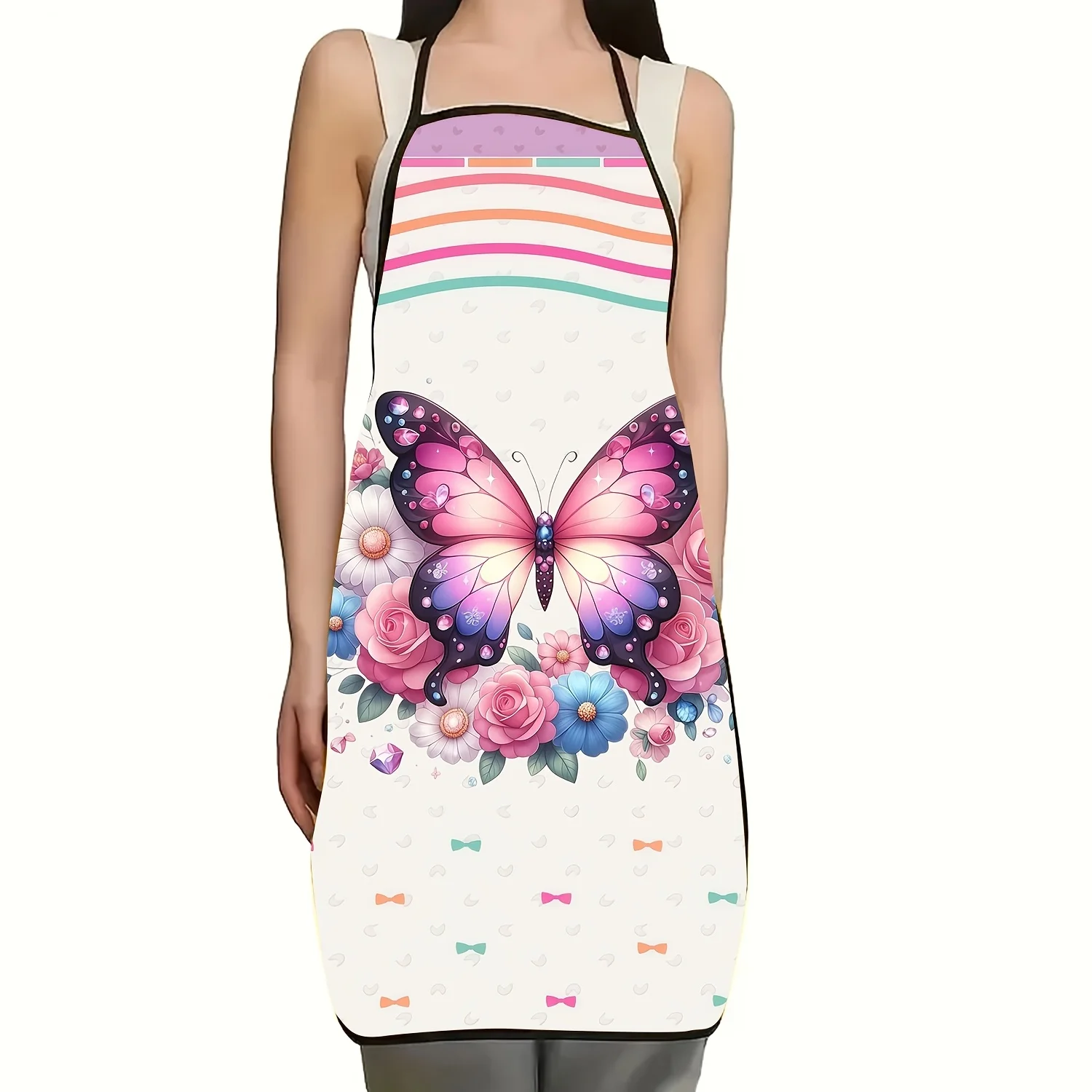 Dreamy Pink Purple Butterfly Floral Bow Full Print Apron Waterproof Oilproof Kitchen Apron Lovely Present For Grill Chef Family