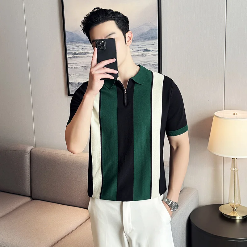 Cuban Collar Knitted Fabric POLO Shirt, Men\'s Summer Short-sleeved Pullover T-shirt, Shirt White Green Black Men Top M L XL XXXL